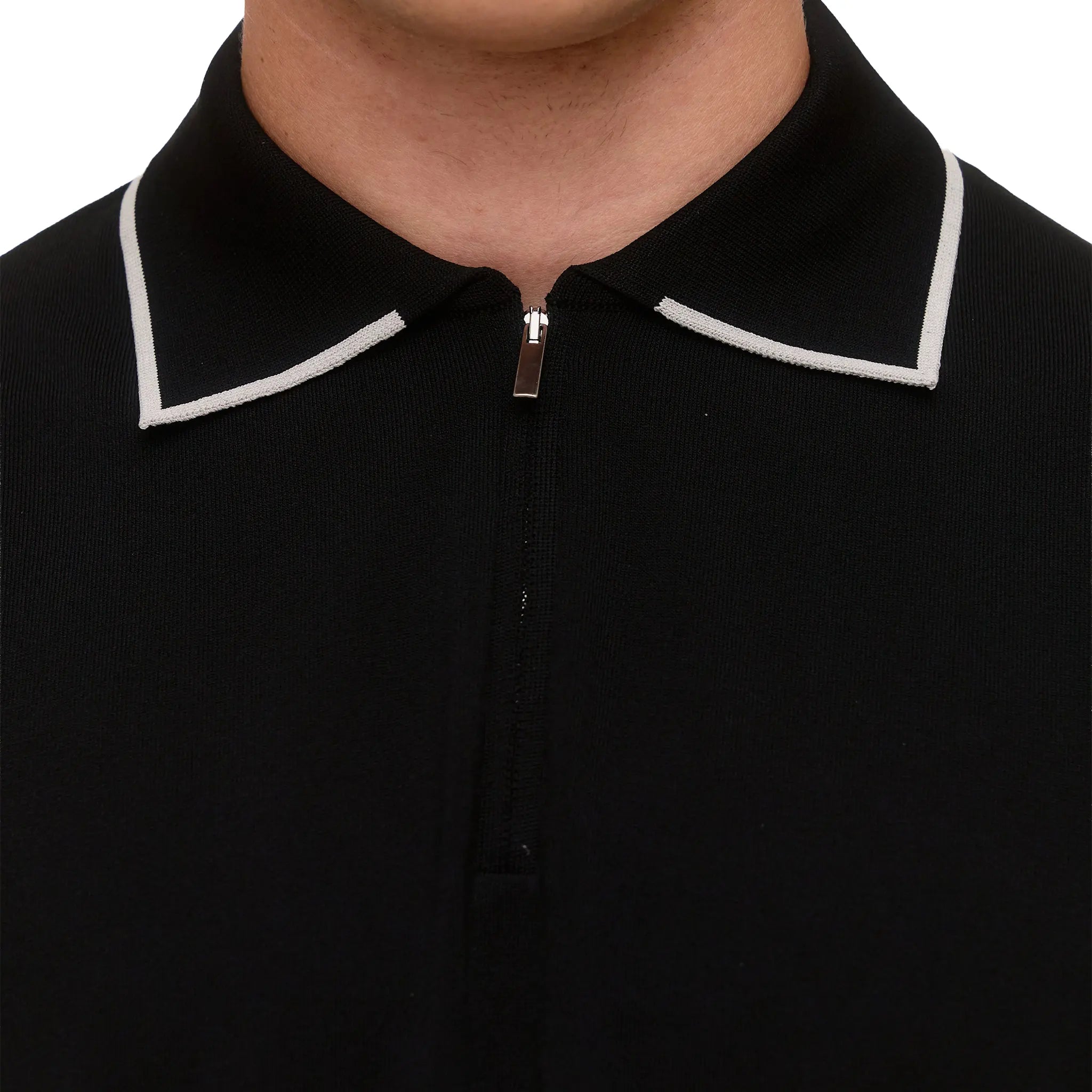 Neck View of Loiano Rayon Knit Black Polo Shirt